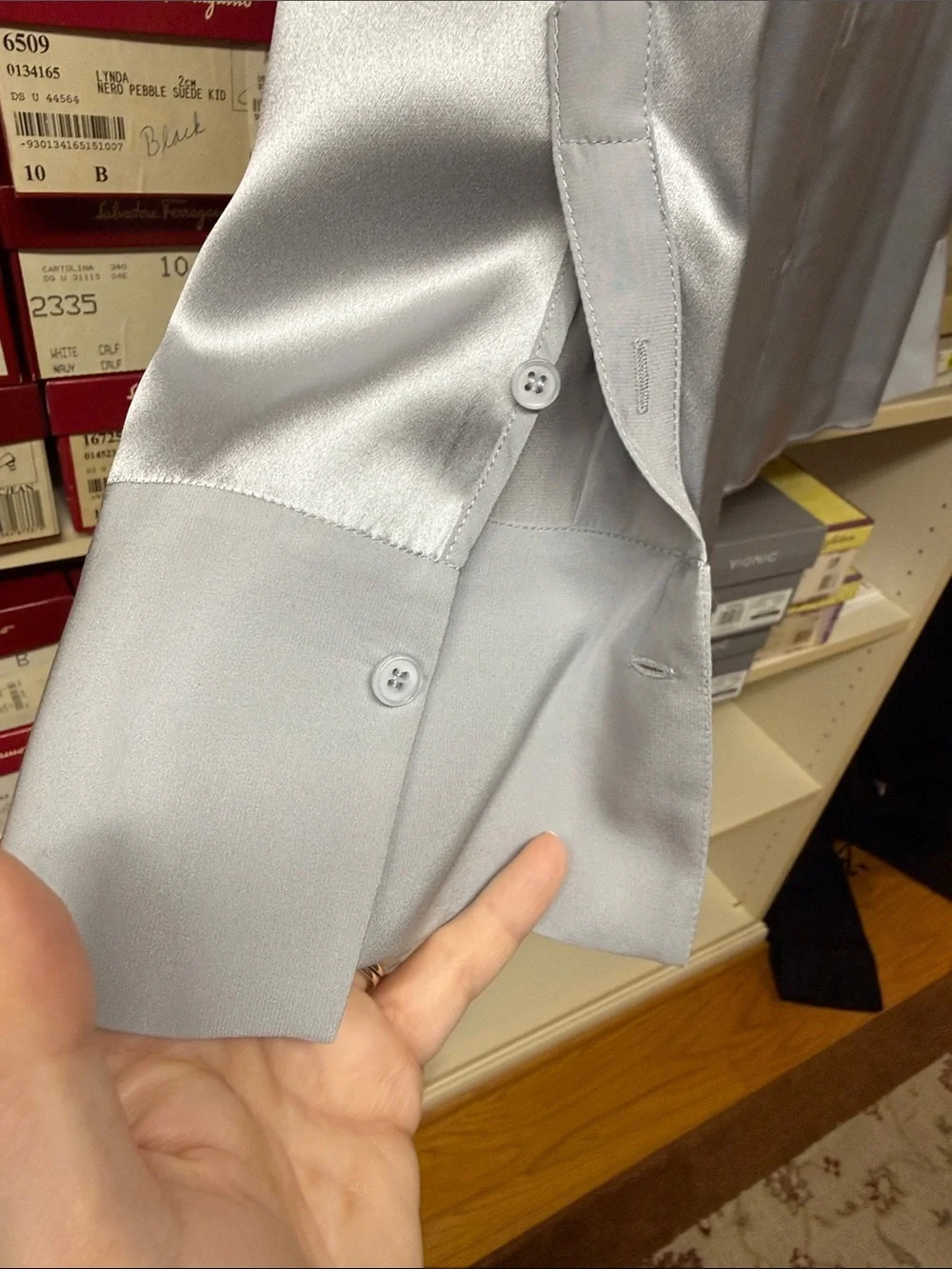 Lafayette 148 New York Silver 100% silk Button-Up Shirt - Picture 4 of 5